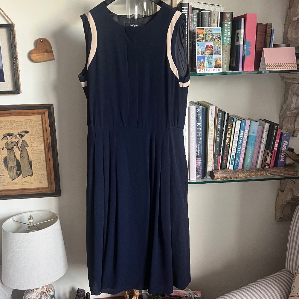 NWT - Paul Smith Black Label - Navy Wide Pleat Dress with Cream Detail